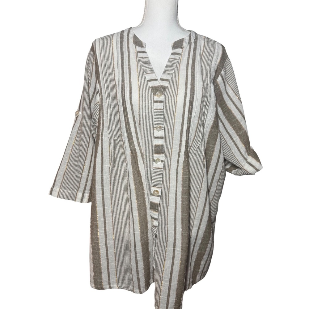 Club Z Collection Tunic Shirt 2X tan White Striped Metallic Roll Tab